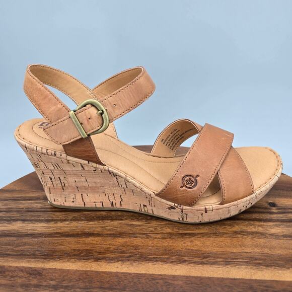 Born Sandals Womens 10 M Tan Leather Platform Wedge Comfort Criss Cross Strap - Picture 1 of 9